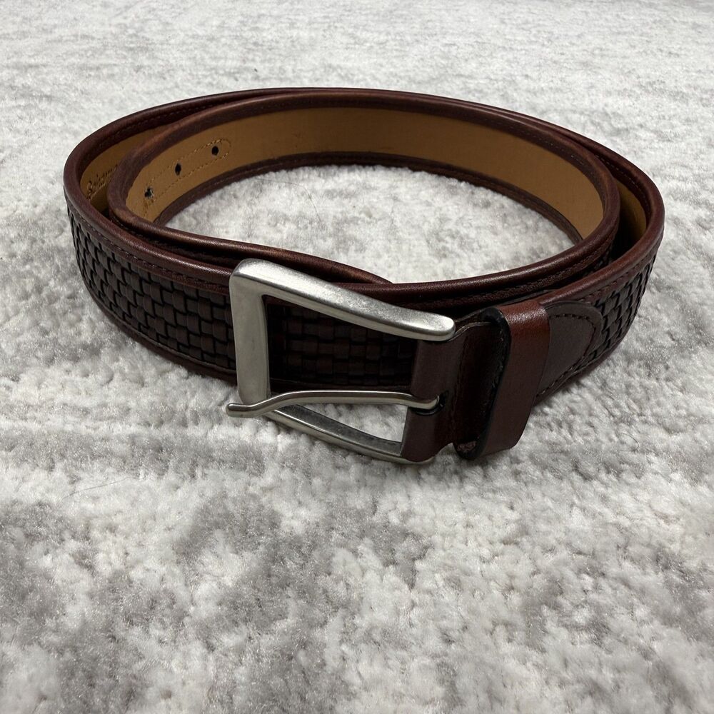 Tommy Bahama Braided Stretch Belt Brown Herringbone Leather Trim Size 40
